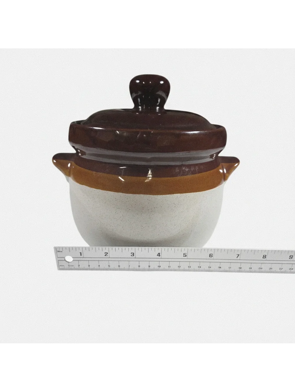 Vintage Ceramic Brown and Cream Covered Pot with Handles